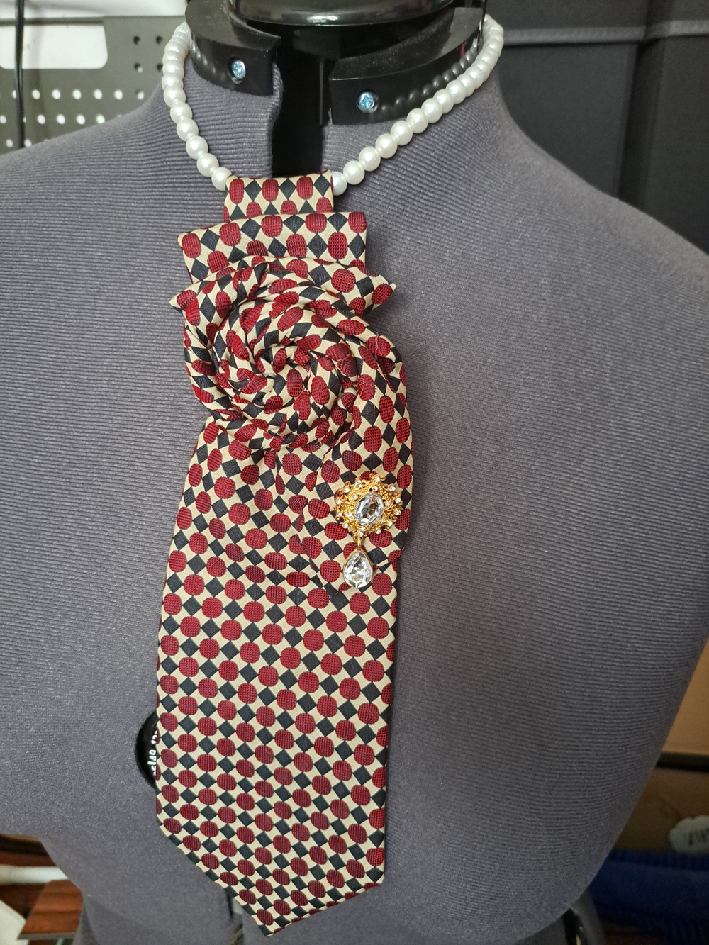Stylized Red and Cream Floral Necktie Brooch Necklace